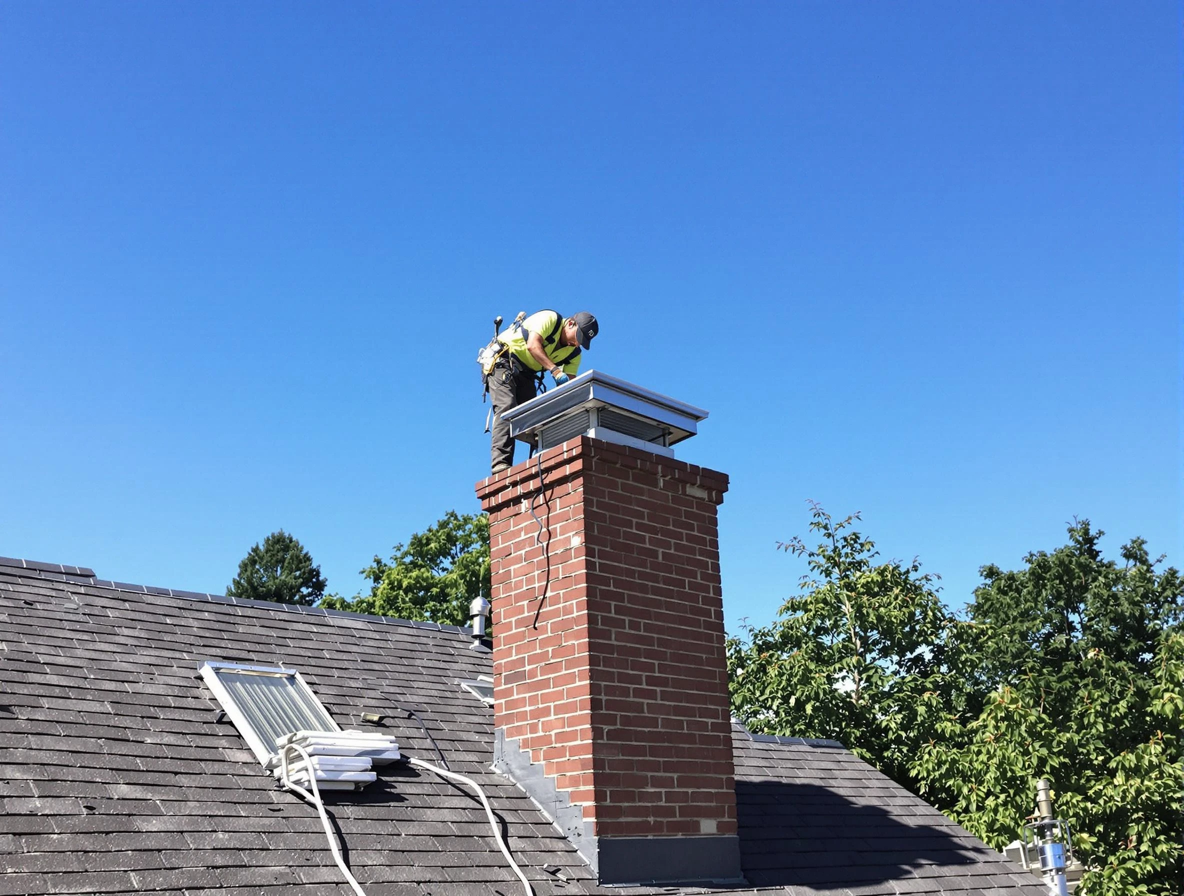 Jersey City Chimney Sweep technician measuring a chimney cap in Jersey City, NJ