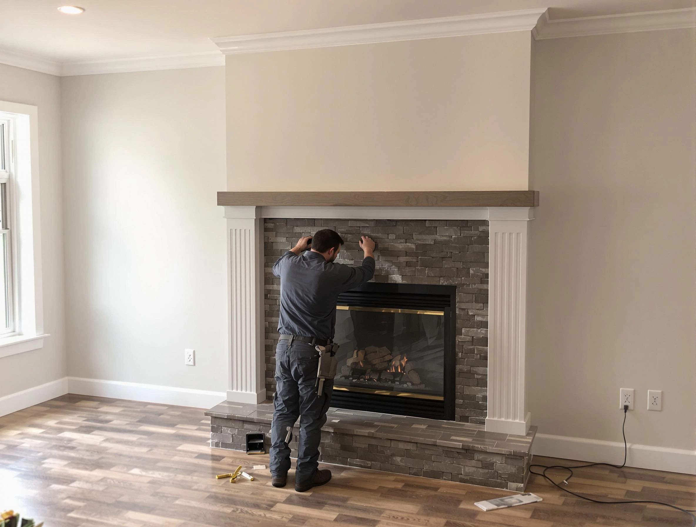 Jersey City Chimney Sweep finishing a custom fireplace install in Jersey City, NJ
